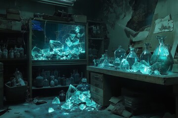 A room with a broken aquarium and a desk with a bunch of vases. Scene is dark and eerie