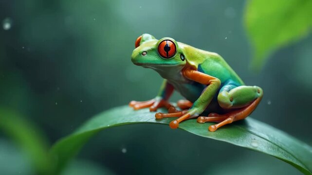 Colorful red-eyed tree frog sitting on a green leaf in a vibrant rainforest setting.