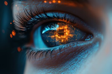 Futuristic close-up of a human eye with digital circuits reflecting in the iris
