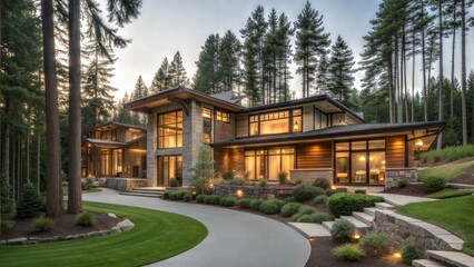 Fototapeta premium Fantastic and Luxurious Modern Home Nestled in a Wooded Setting at Dusk