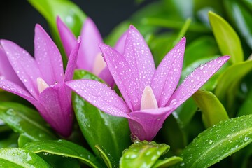 Fototapeta premium Abundant Dewdrops on Lush Green Leaves and Delicate Petals – Glistening Morning Nature Photography with Vibrant Botanical Beauty