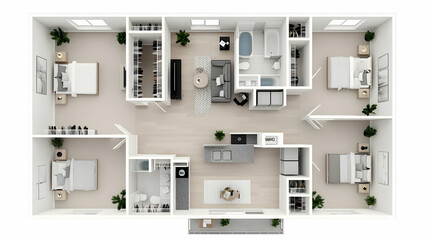 Three Bedroom Apartment Floor Plan 3D Rendering