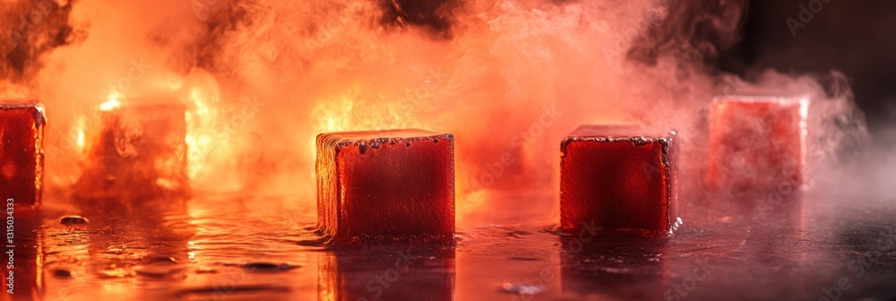 Poster Red hot metal billets submerge in water for tempering, creating clouds of steam in an energetic workshop environment