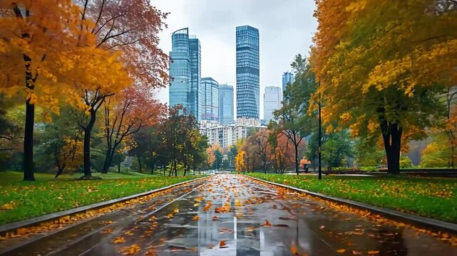 Autumnal Cityscape: A Rainy Day in the Park