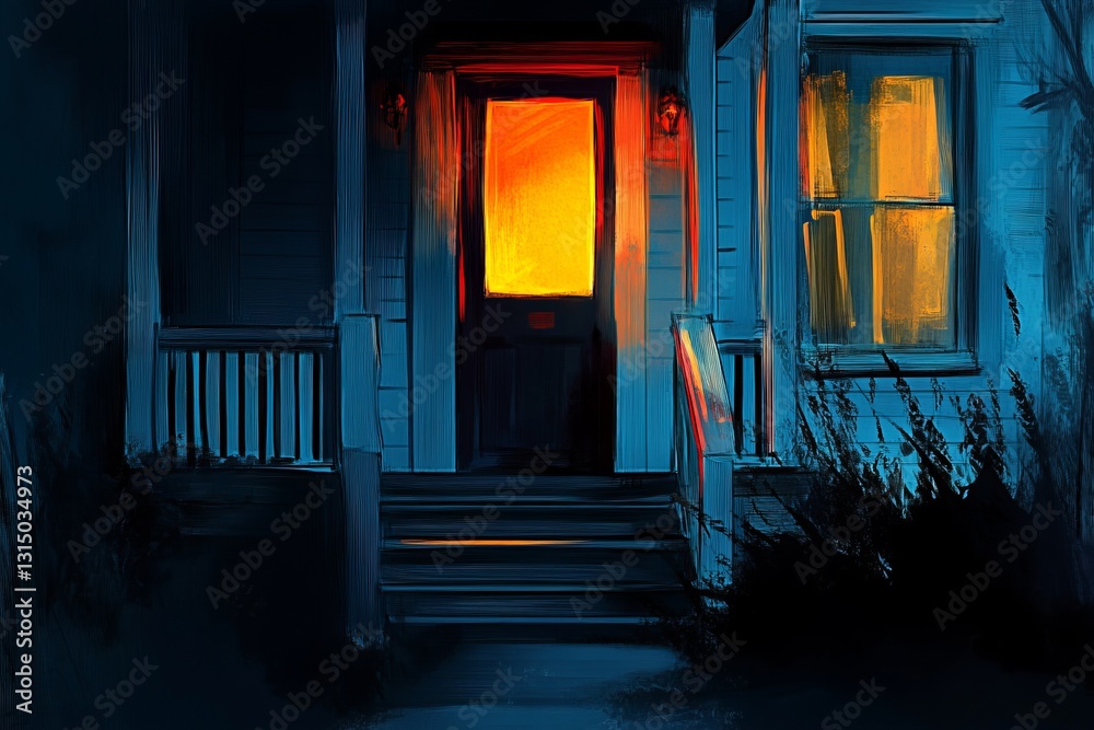 Canvas Prints a painting of a house with a door that is open and a window that is lit up. the mood of the painting