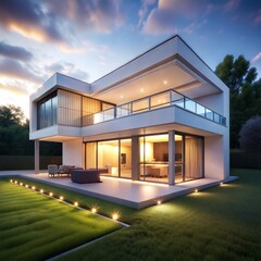 Fototapeta premium Fantastic and Fantastic and Modern House Exterior at Twilight with Outdoor Patio