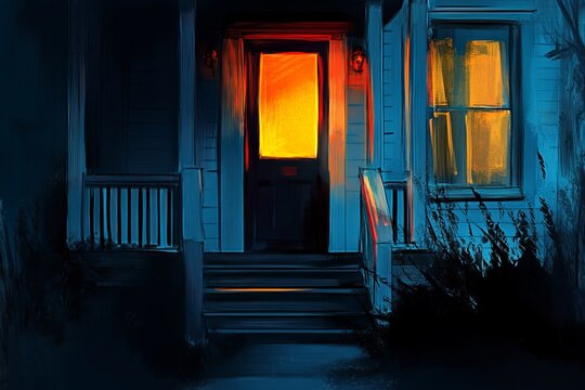 A painting of a house with a door that is open and a window that is lit up. The mood of the painting is dark and mysterious