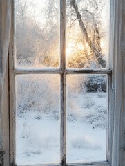 View through the frosty window of a winter scene