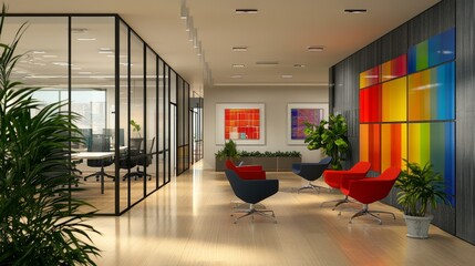 Innovative office space design modern workplace interior photography bright environment interior view bold color concepts