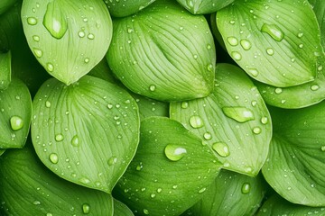 Obraz premium Abundant Dewdrops on Lush Green Leaves and Delicate Petals – Glistening Morning Nature Photography with Vibrant Botanical Beauty