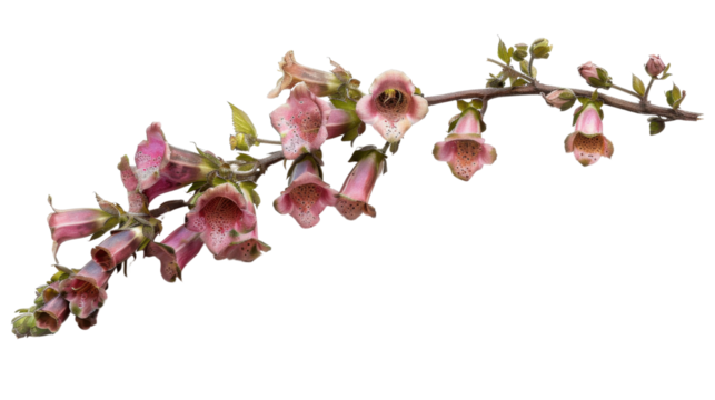 Branch of digitalis purpurea showing pink flowers with transparent background