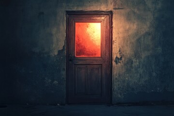 A door with a red light shining through it. The door is open and the light is shining through the window