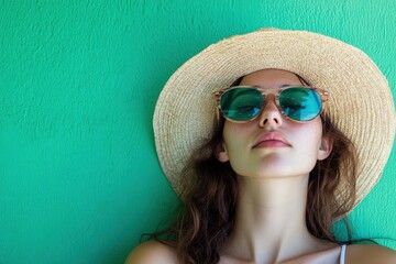 Fototapeta premium A woman wearing sunglasses and a hat against a green wall