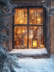 Illuminated window with snow covered ground creates a warm ambiance