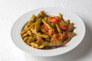 Traditional delicious Turkish food; Green beans with olive oil; Turkish name; Zeytinyagli taze fasulye
