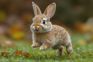 Fototapeta premium Small rabbit hops joyfully in a lush green garden during a sunny afternoon in autumn