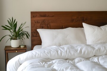 A cozy bedroom featuring white bedding and a walnut wooden headboard, a single potted plant on the bedside table adding a touch of green