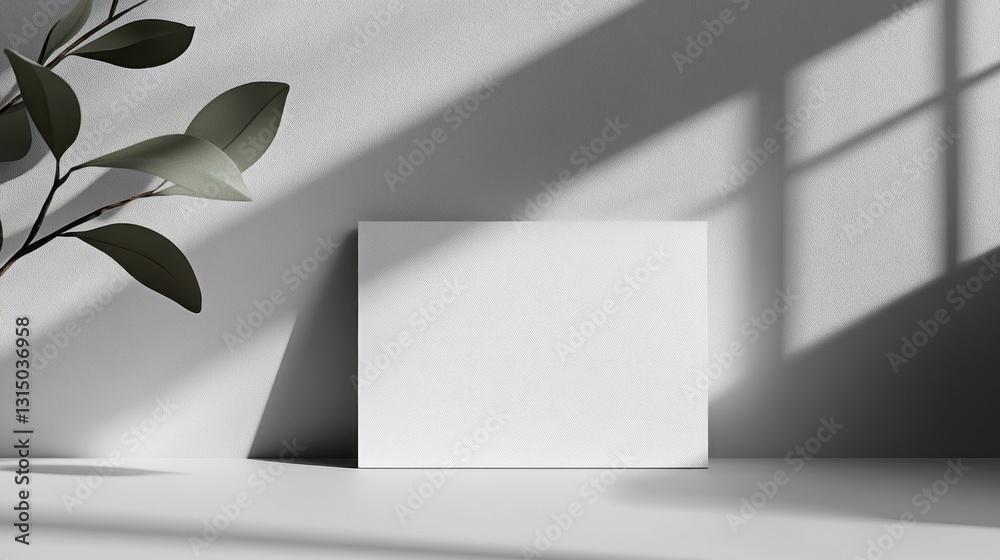 Poster A serene workspace captures soft shadows on a textured surface, highlighting a blank canvas surrounded by gentle greenery. Natural light adds warmth to the calm atmosphere