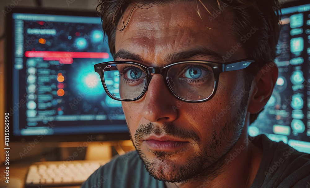 Aufkleber Man wearing glasses is staring at a computer monitor. The monitor displays a message that says 