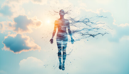 Futuristic human figure dissolving into a digital network