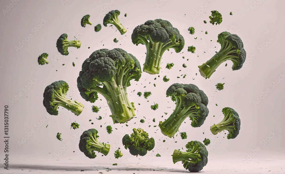Poster bunch of broccoli is flying through the air. concept of chaos and movement, as the broccoli pieces a