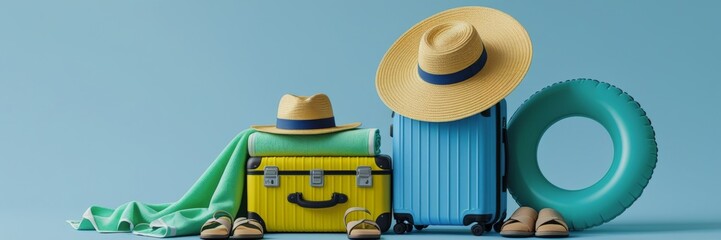 Summer Travel Suitcases with Beach Accessories, Generative AI