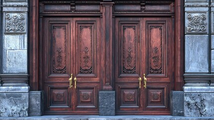 Obraz premium Ornate wooden double doors on a stone building facade