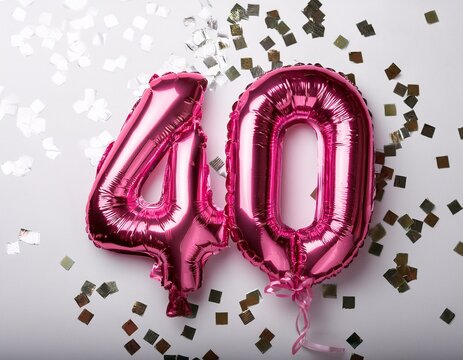 Pink balloon number 40 for fortieth birthday or anniversary party. White background with confetti