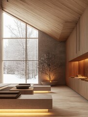 A minimalist warm interior displays a snow covered winter landscape view