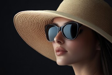 Fototapeta premium Beautiful woman wearing a hat and sunglasses against a dark background