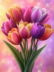 Naklejka premium Vibrant tulip bouquet in shades of orange pink and purple on a soft bokeh background spring floral art