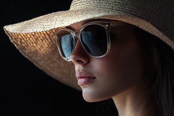 Fototapeta premium A woman wearing sunglasses and a wide brimmed straw hat