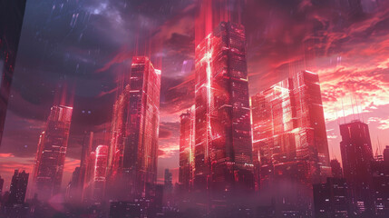 ** Futuristic Neon Cityscape with Skyscrapers Illuminated in Red at Dusk Under a Dramatic Cloudy Sky..**