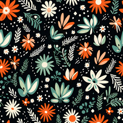 Small floral and leaf pattern repeat on black background