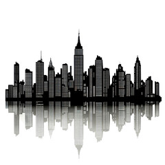 Fototapeta premium Silhouette of a city skyline featuring towering skyscrapers and reflections at dusk, skyline silhouette, skyscraper, view the city, cityscape, Transparent background