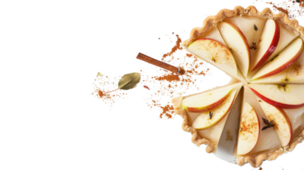 Delicious apple pie exploding with cinnamon and spices on transparent background