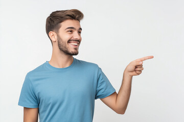 A handsome young man confidently pointing with his hand, showing a casual gesture