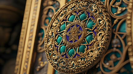 Obraz premium Intricate gold and turquoise medallion detail, ornate palace gate background, luxurious jewelry design