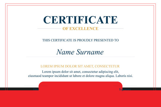Red-bordered certificate of excellence; blank space for recipient's name and details; printable template - Powered by Adobe