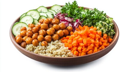 Colorful Salad Bowl with Roasted Chickpeas and Fresh Vegetables - A Vibrant and Healthy Culinary Presentation on a Wooden Plate