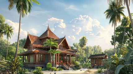 Obraz premium Traditional Wooden Thai House Surrounded by Lush Tropical Vegetation Under a Clear Blue Sky