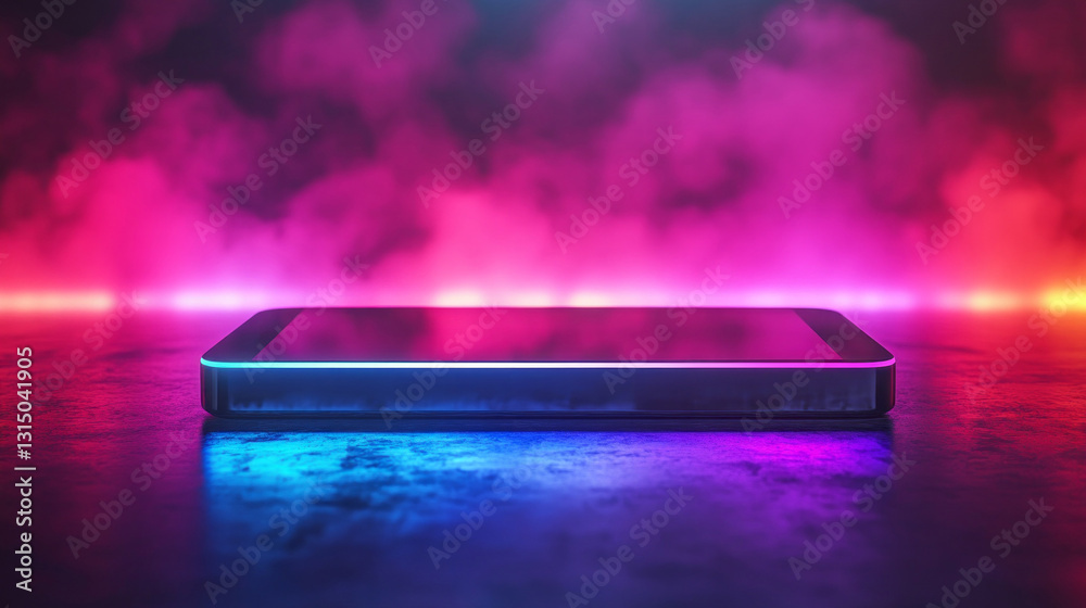Poster A smartphone rests elegantly on a shiny surface, illuminated by a stunning array of neon lights in pink and blue hues. The atmosphere is electric, showcasing a futuristic vibe