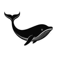 Blue Whale Silhouette Swimming With Large Curving Body On White Background