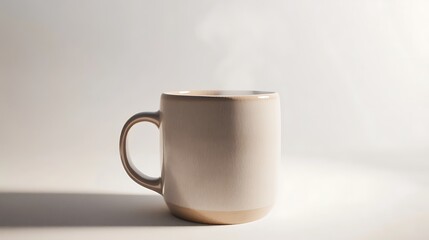 Realistic close-up of a ceramic coffee mug with visible steam rising from it, placed on a white background