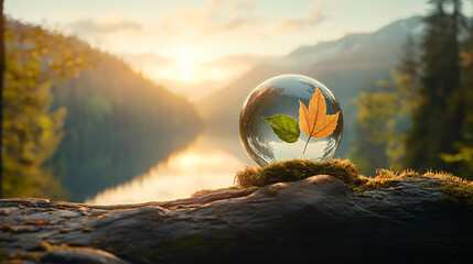 The close-up view of a glass sphere reflecting the nature scape. 