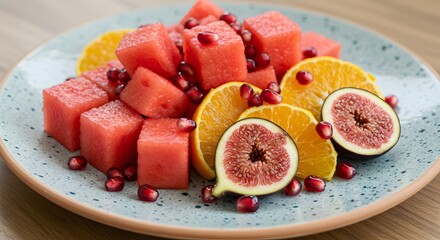 Delicious summer fruit salad with watermelon orange figs pomegranate red food diet ripe fresh juicy