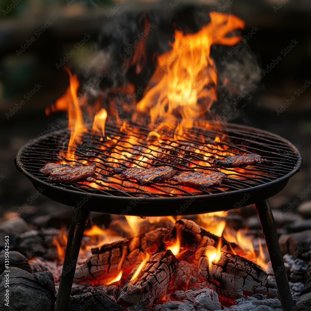 Wall mural sizzling meat on a charcoal grill with blazing flames, creating a warm and inviting atmosphere for o