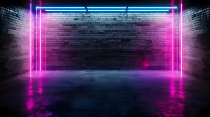 Vibrant Neon Purple And Blue Lights Illuminating A Dark Grunge Brick Wall In An Empty Urban Space With A Wet Reflective Floor