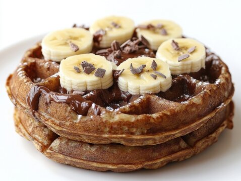 Delicious Waffle Stack Topped with Fresh Banana Slices and Rich Chocolate Sauce Delightful Food Photography