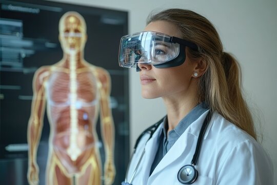 A female doctor uses augmented reality glasses to examine a 3D anatomical model, advancing medical technology.